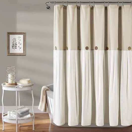 Lush Decor Linen Button Shower Curtain, 72" W x 72" L, Linen - Neural Shower Curtain Fabric - Bathroom Curtain - Farmhouse Bathroom Decor - ModernBath