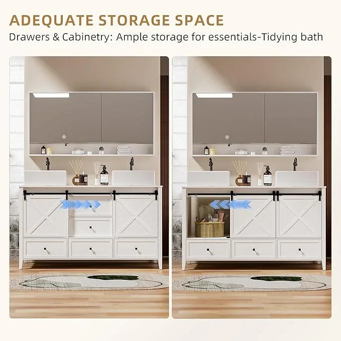 VNN Bathroom Vanity with Sink - 60 Inch Bathroom Vanity Double Sink Ceramic, Freestanding Cabinet with 2 Farmhouse Sliding Barn Doors and 5 Drawers, Space-Saving Storage Cabinet, White Wood Grain - ModernBath