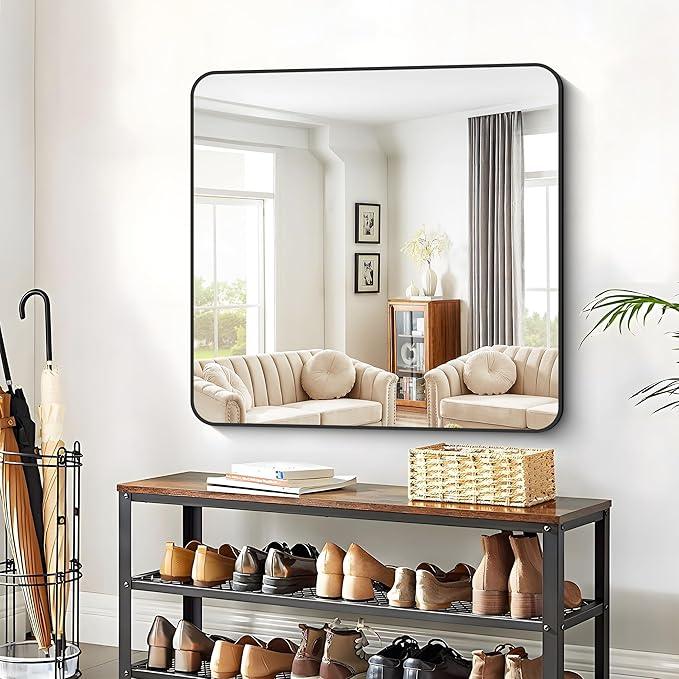 CIVENO Bathroom Mirror, 39x39 inch Black Square Wall Mirror, Metal Frame Rounded Corner Vanity Mirror, Large Wall Mounted Mirror for Modern Bedroom Living Room Horizontal Or Vertical Mounting - ModernBath