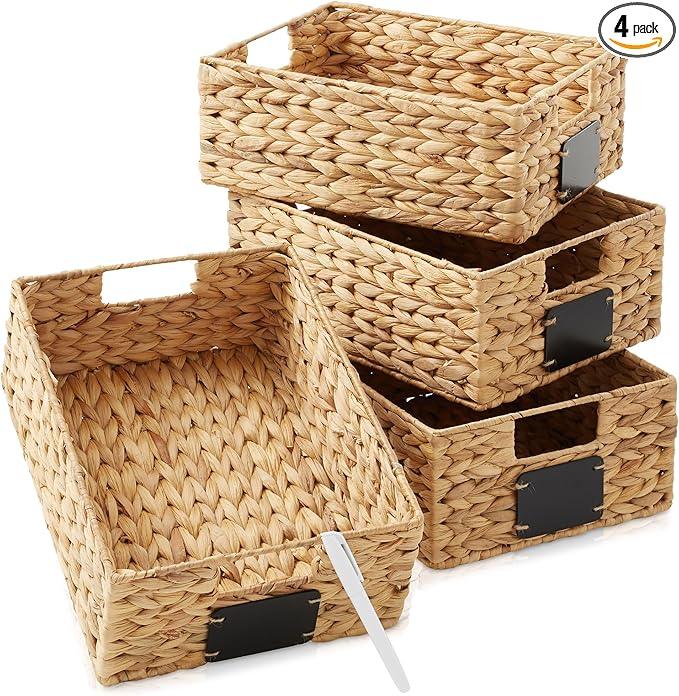 Casafield Set of 4 Water Hyacinth Pantry Baskets, 10" x 13" x 5", with Chalkboard Labels and Chalk Marker - Natural, Woven Storage Bin Organizers for Kitchen Shelves - ModernBath