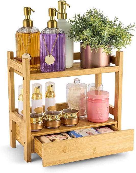 Sorbus Bamboo Bathroom Counter Organizer – 2-Tier Shelf with Hidden Drawer for Vanity, Matcha Station, Bathroom Sink Organizer Countertop, Kitchen & Office Storage (13″ L x 6.5″ W x 12.6″ H) - ModernBath