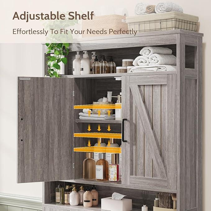 Over The Toilet Storage Cabinet with 2 Barn Doors & Built-in Toilet Paper Holder, Farmhouse Space-Saving Organizer for Bathrooms and Laundry Room, Grey - ModernBath