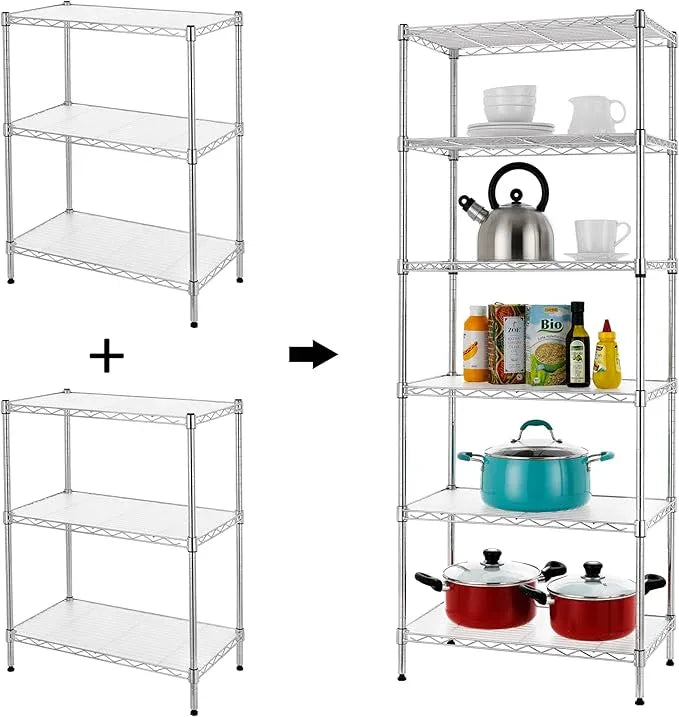 Finnhomy 6-Tier Wire Shelving Unit Adjustable Steel Wire Rack Shelving 6 Shelves Steel Storage Rack or Two 3 Tier Shelving Units with PE mat and Stable Leveling Feet, NSF Certified, Chrome - ModernBath