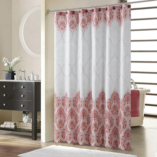 BESTRIPES Extra Long Paisley Shower Curtain, Water Repellent Brushed Microfiber with Terracotta & Gray Bohemian Print, 12 Metal Grommets & Weighted Hem, 72x84 Inches