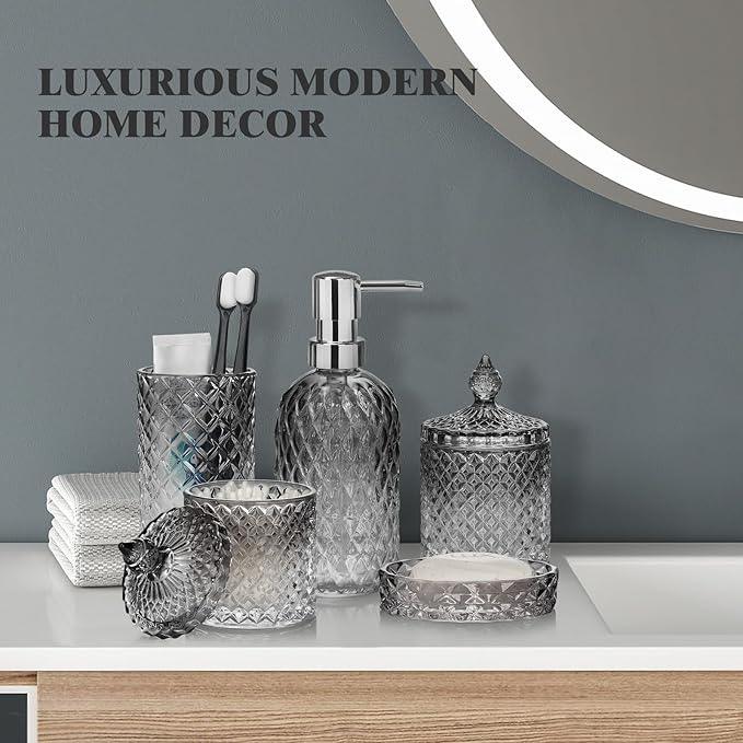 Bathroom Accessories Set, 5Pcs Gradient Glass Bath Accessory Sets Complete, Glass Bathroom Accessories with Soap Dispenser, Soap Dish, Toothbrush Holder, Qtip Holder - ModernBath
