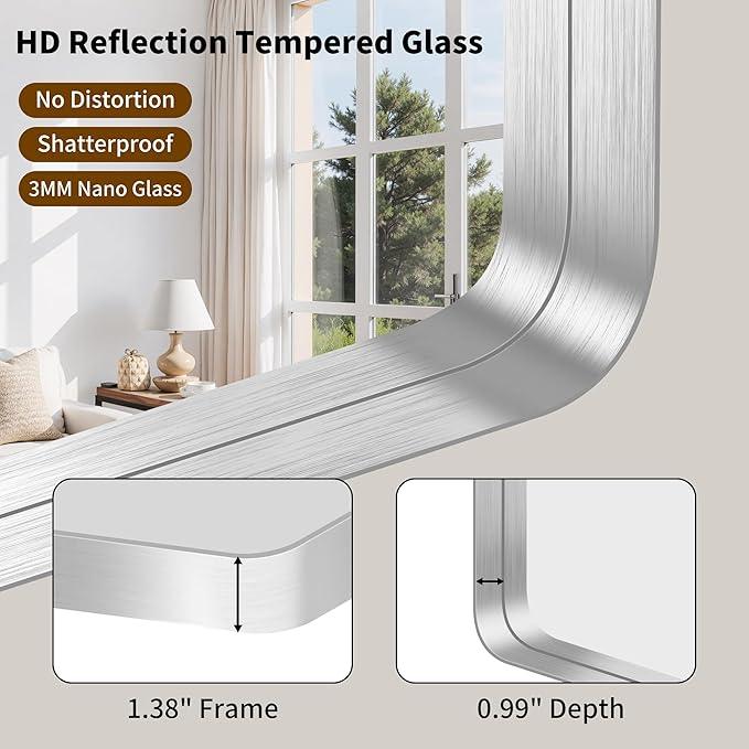 FORBATH 48x36 Inch Bathroom Mirror, Brushed Silver Deep Frame Wall Mirror with Rounded Corners, Anti-Rust Tempered Glass for Modern Farmhouse Vanity (Horizontal/Vertical Hanging) - ModernBath