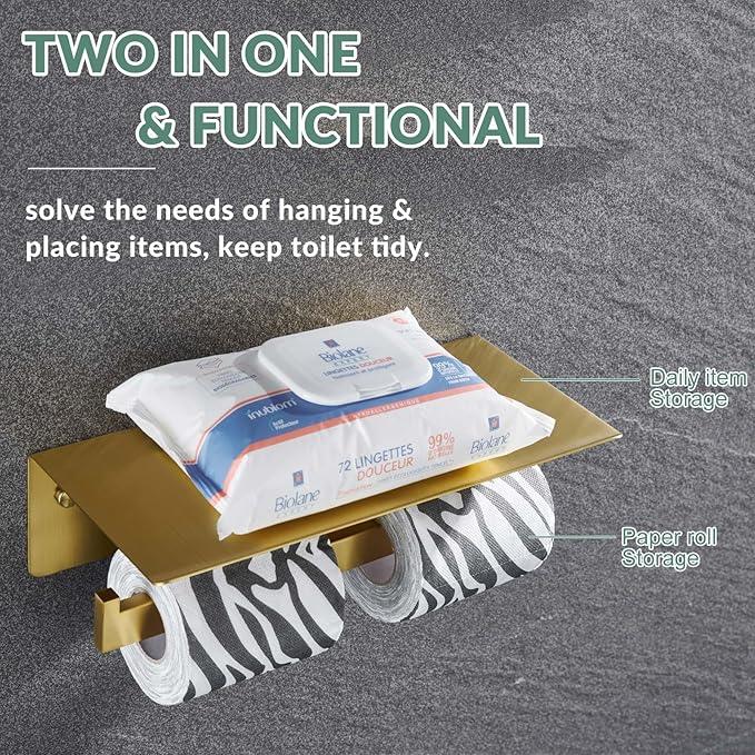 APLusee Brushed Gold Double Toilet Paper Holder with Shelf, Heavy Duty 304 Stainless Steel Tissue Holder for Bathroom with Storage, Commercial Paper Roll Dispenser Wall Mounted - ModernBath