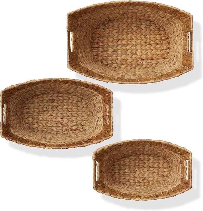 Casafield Set of 3 Stackable Oval Laundry Baskets with Handles - Natural, Woven Water Hyacinth Storage Totes for Throw Blankets, Bathroom, Bedroom, Living Room - ModernBath