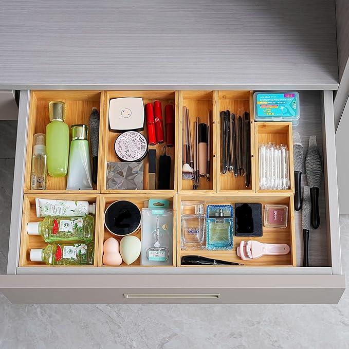 Fabsome Drawer Organizer, Set of 9 Bamboo Wood Kitchen Makeup Desk Junk Tea Drawer Storage Boxes Bins for Cutlery Silverware Utensils Flatware, Small Wooden Container Tray for Bathroom, Office - ModernBath