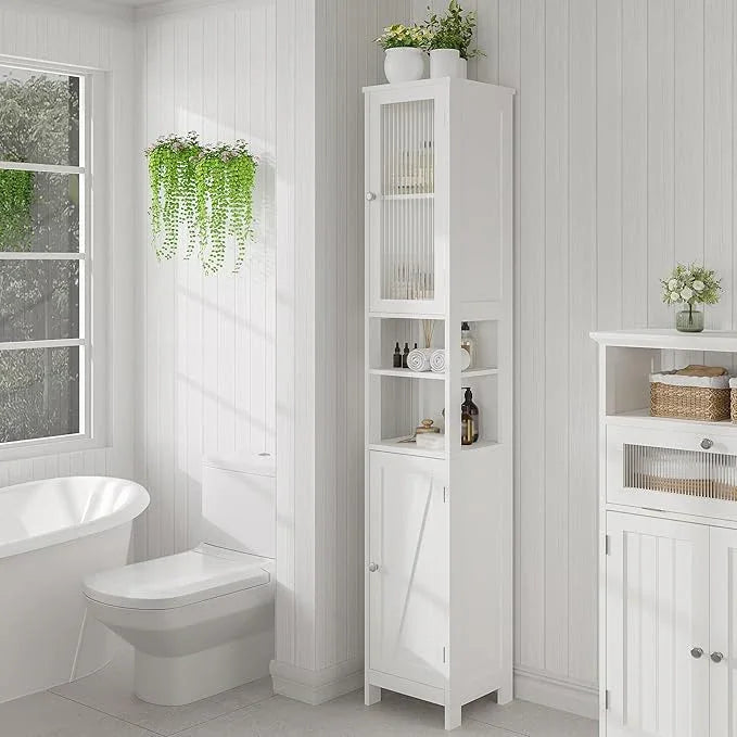 ChooChoo Tall Bathroom Storage Cabinet with Light, 5-Tier Narrow Bathroom Cabinet with 2 Doors, Slim Storage Linen Cabinet Freestanding with Adjustable Shelves for Space Saving, White - ModernBath