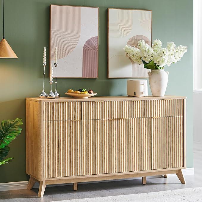 OKD Fluted Storage Cabinet with Drawers, 60" Morden Buffet Sideboard Coffee Bar Cabinet with 4 Doors and 3 Drawers for Dining Room, Living Room,Hallway (Natural Oak) - ModernBath