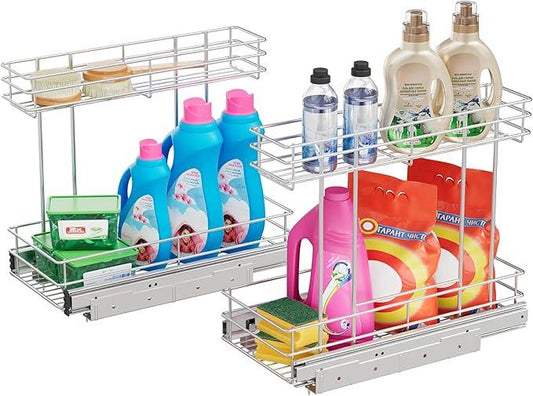 Under Sink Organizer 2 Packs, Pull Out Cabinet Organizer 2 Tier, Under Sink Slide Out Organizer Chrome Plated, Under Kitchen Bathroom Sink Organizer, Pantry Cabinet Closet Organization Rack, 9"W X19"D - ModernBath