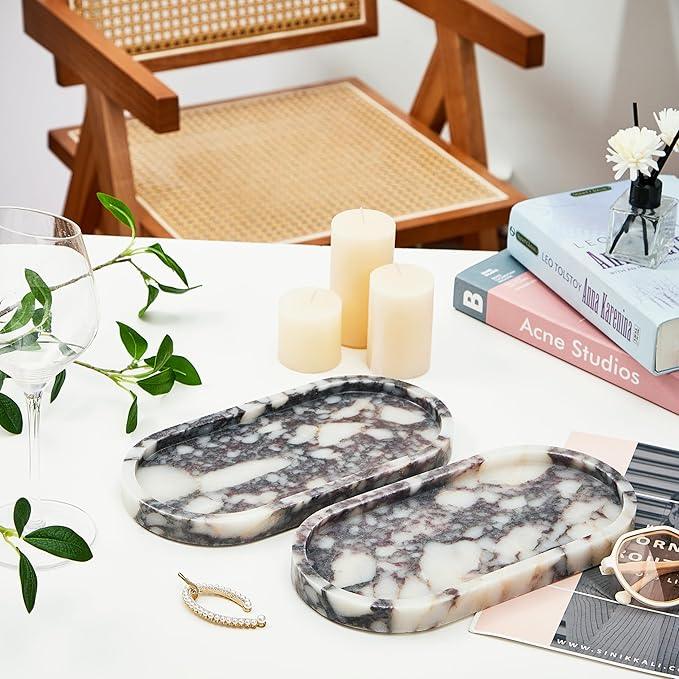 Denique Natural Luxury Calaccata Viola Marble Tray for Bathroom Countertop, 10.2" Vanity Tray Oval Deorative Tray, Countertop Organizer, Jewelry Dish Ring Holder for Dresser - ModernBath