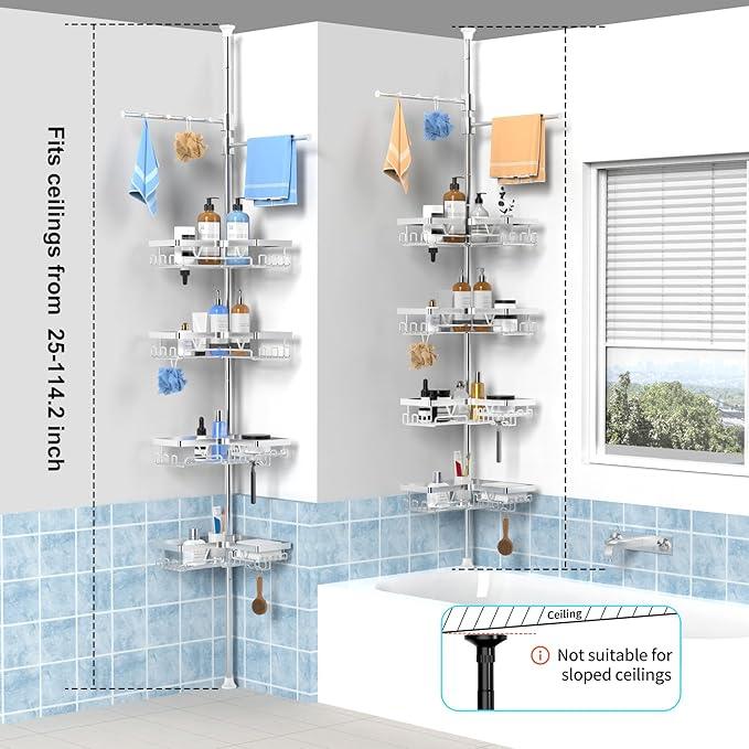 KEGII Bronze Shower Caddy Tension Pole with 2 Towel Bars, Adjustable Corner Bathroom Organizer, Rustproof Bathtub Storage Shelves for Shampoo, 25–114.2 Inch Shower Corner Rack for Renters & Family - ModernBath