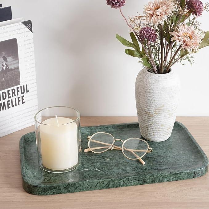 Karibiber Marble Vanity Tray, Bathroom Tray for Countertop, 14'' Green Decoration for Dresser Organizer, Large Serving for Kitchen, Marble Storage for Coffee Table, Perfume, Jewelry Holder - ModernBath