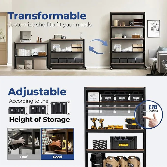 HOMEDANT House 5-Tier Metal Rolling Cart Shelf Rack Casters Heavy Duty Laminated Wheel Shelving Unit Adjustable Utility Storage Shelves Organizer Shelf Kitchen Garage (3, (L) 48.1" W, Black) - ModernBath