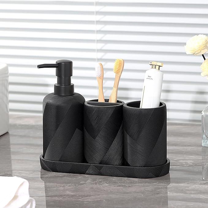 Bathroom Accessories Set, Bathroom Organizer Countertop, Soap Dispenser and Toothbrush Holder, Mouthwash Cup, Tray Set, Vanity Tray for Bathroom, 4 Pieces Modern Decor (Matte Black) - ModernBath
