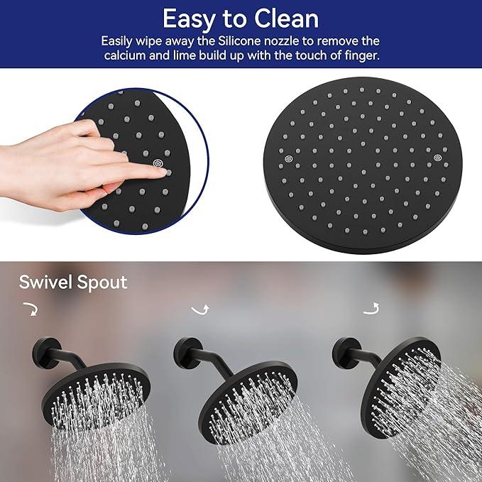 Lavatrum Black Shower Head and Handle Set Single Spray Premium Wall Mount 8 Inch Rainfall Round Shower Faucet with Rough-in Valve and Trim Kit for Bathroom（1.8GPM) - ModernBath