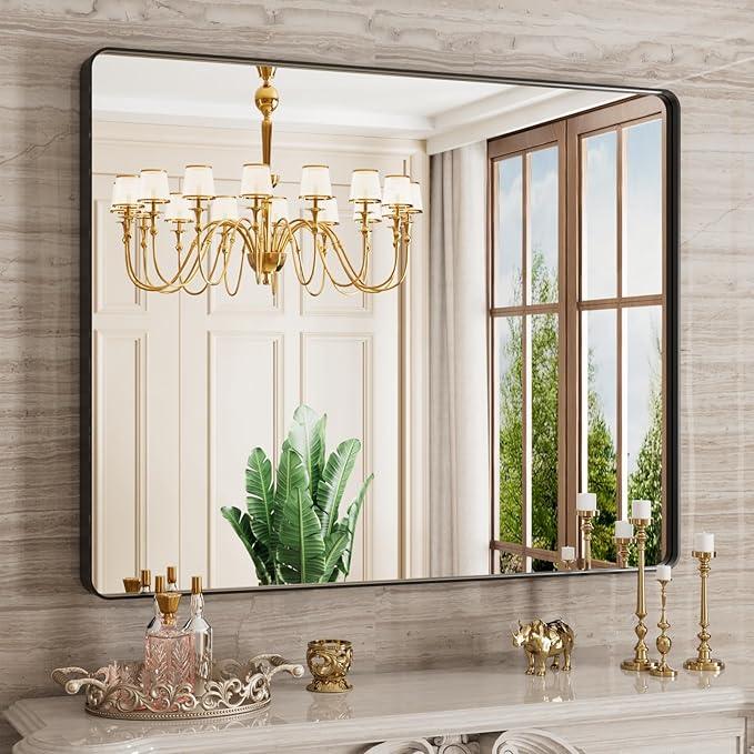 JISOSO 40X32 Inch Black Bathroom Mirror, Black Metal Framed Mirror for Wall, Rounded Rectangle Matte Bathroom Vanity Mirror with Tempered Glass, Anti-Rust, Horizontal/Vertical - ModernBath