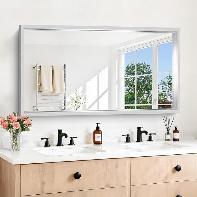 CIVENO 30x55 Silver Bathroom Mirror, Brushed Silver Rectangular Mirror for Wall, 0.6" Thickened Deep Frame Mirrors for Bathroom Sink, Shatterproof Tempered Glass, Antirust, Horizontally or Vertically - ModernBath