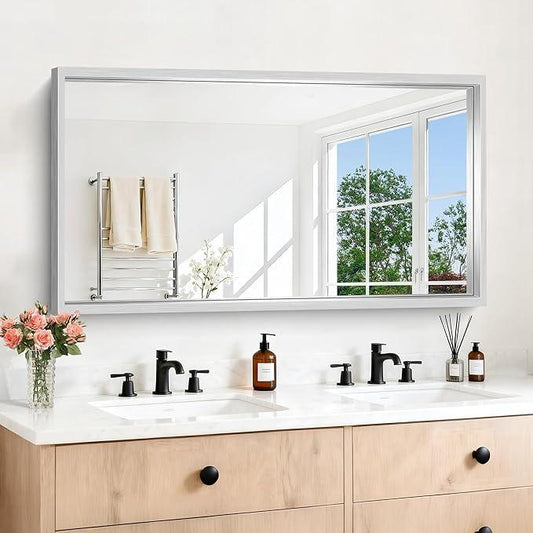 CIVENO 30x55 Silver Bathroom Mirror, Brushed Silver Rectangular Mirror for Wall, 0.6" Thickened Deep Frame Mirrors for Bathroom Sink, Shatterproof Tempered Glass, Antirust, Horizontally or Vertically - ModernBath