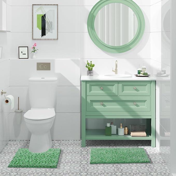 Yimobra Luxury Chenille U-Shaped Toilet Rug, Super Soft Shaggy Contour Bath Mat for Bathroom Floor, Fluffy, Water Absorbent, Non Slip, Machine Washable, Dry Quickly, 24''x 20'', Light Green & Green - ModernBath