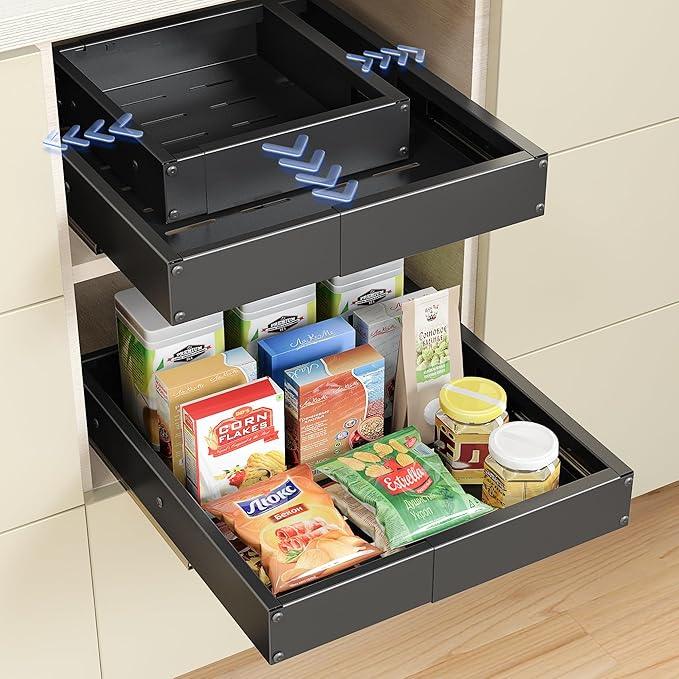 2 Pack Pull Out Cabinet Organizer, Drawers Slide Out Expandable Width (10"-15") and Depth (11"-17") With 3 Slides, Fixed with Adhesive Film and Nail for Cabinets in Kitchen, Pantry or Bathroom - Black - ModernBath