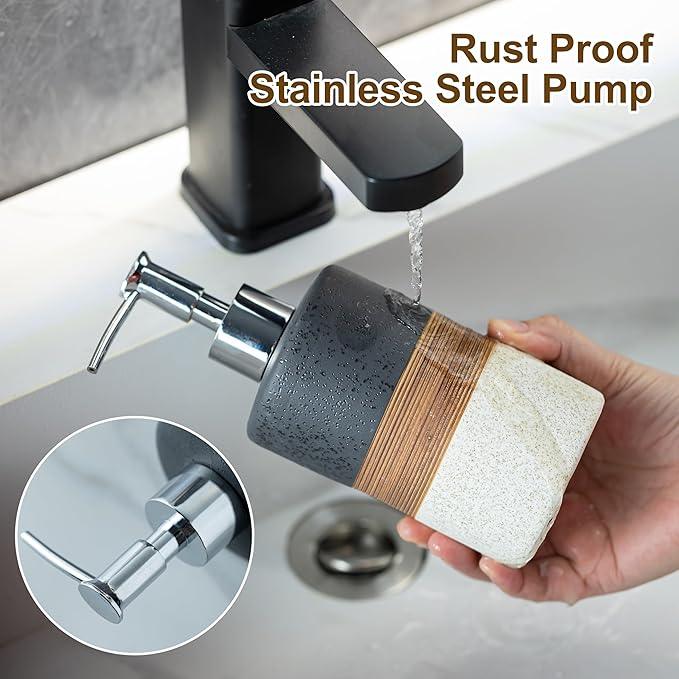 Cormomu Dish Soap Dispenser Set with Silicone Funnel, Hand Soap, Shampoo, Body Wash, Ceramic Liquid Soap Dispenser for Kitchen and Bathroom Countertops, Stainless Steel Pump, Non Slip, 12 Oz, Black - ModernBath