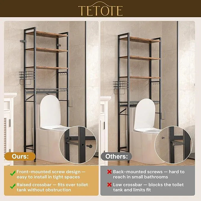 TETOTE Over Toilet Bathroom Organizer, 4-Tier Bathroom Over The Toilet Storage with Adjustable Shelf and Basket, Freestanding Space Saver Bathroom Shelves Above Toilet for Room(Brown) - ModernBath