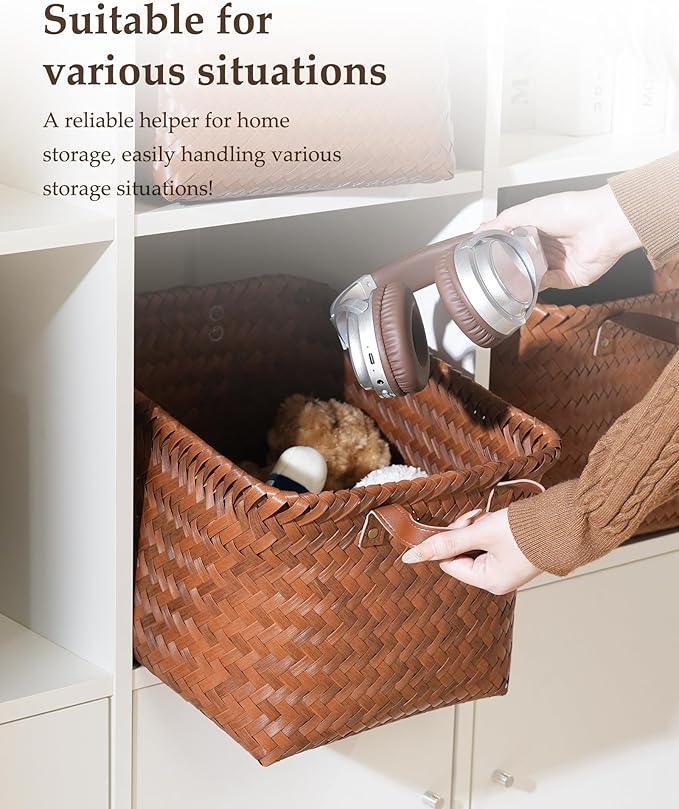 15x10x9 Woven Laundry Basket Hamper, Storage Basket for Clothes Blankets, 4-Pack Wicker Bin for Closet Shelves Bedroom Bathroom, Brown - ModernBath