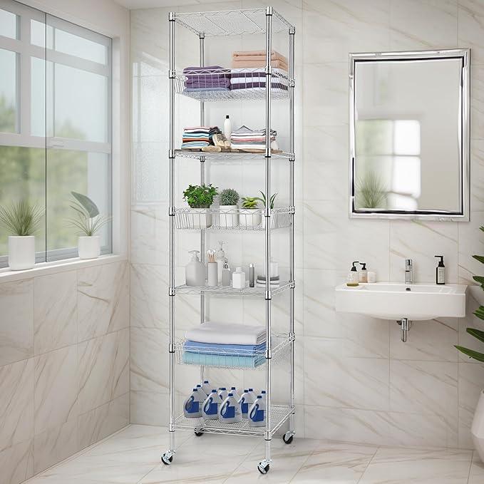 Finnhomy Heavy Duty 7 Tier Wire Shelving Unit with Wheels 18x18x78.8-inches 7 Shelves Metal Storage Rack Thicken Steel Tube, Adjustable Shelving Rack for Kitchen Bathroom Office, NSF Certified, Chrome - ModernBath