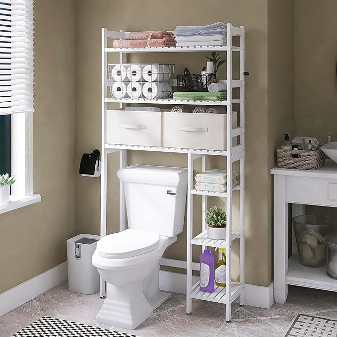 SMIBUY Over The Toilet Storage with Drawers, Large Bathroom Space Saver Organizer Rack, Freestanding Behind Toilet Stand with 6-Tier Shelf and Waterproof Feet Pad for Restroom, Laundry (White) - ModernBath