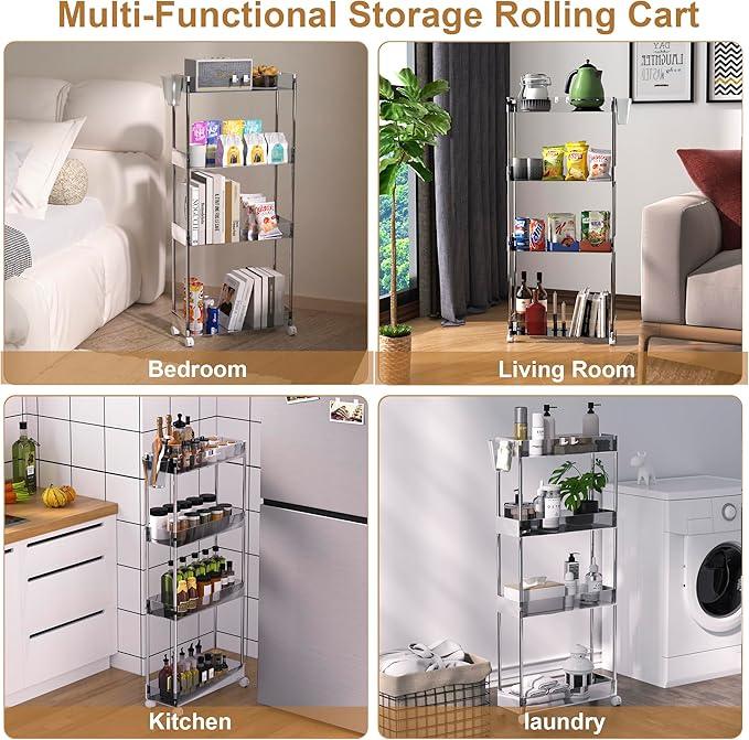 VECELO Acrylic 4-Tier Rolling Cart, Slim Utility Cart for Storage, Mobile Storage Cart with Lockable Wheels Hooks&Bucket for Office,Kitchen,Laundry Room Bathroom Living Room, Clear - ModernBath