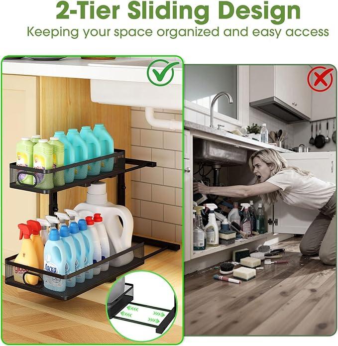Under Sink Organizer 2-Pack, Metal 2-Tier Pull-Out Cabinet Shelf with Slide-Out Mesh Drawers, Height Adjustable, Space-Saving Under Sink Storage Racks for Kitchen, Bathroom, Laundry Room - ModernBath