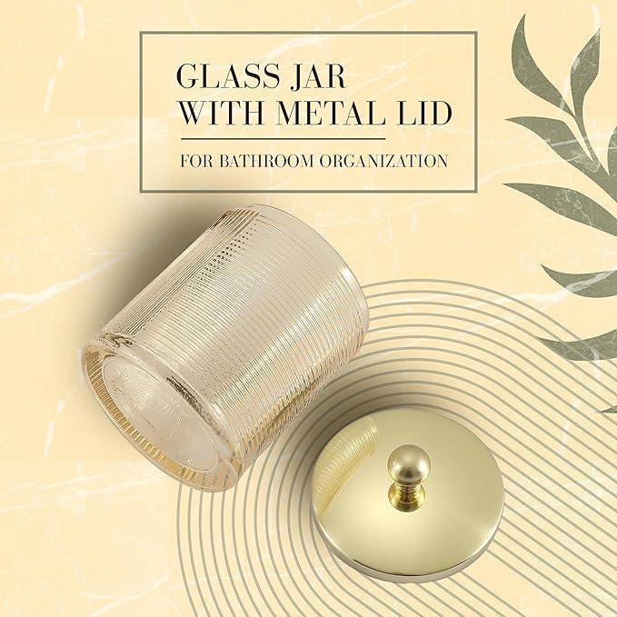 Indecor Home Tan Colored Tranlucent Apothecary Ribbed Geometric Etched Glass Jar W/Gold Metal Lid Cover for Bathroom Organization, Cotton Balls, Q Tips, and Small Accessories, Bathroom Storage - ModernBath