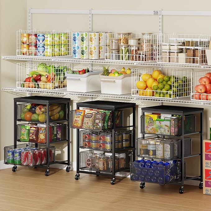 Pantry Organizer and Storage Cart, 3-Tier Kitchen Storage Cart with Drawer, Fruit Vegetable Storage Cart with Wheels, Wooden Top Metal Wire Kitchen Organizer Rack Stand for Food Snack Onion Potato - ModernBath