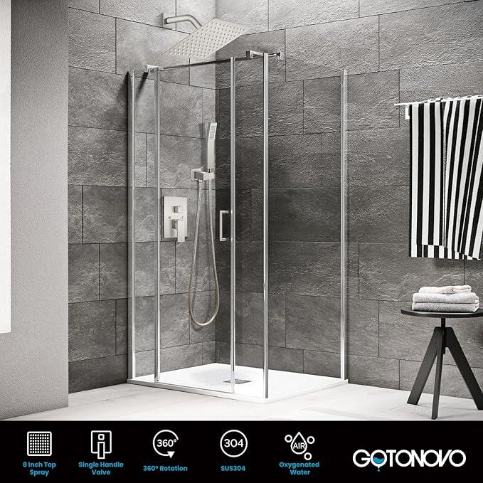 gotonovo Rainfall Bathroom Shower System Rain Shower Head and Handle Set Wall Mounted Shower Complete Combo Solid Brass Pressure Balancing Shower Mixer Valve 8 Inch Brushed Nickel - ModernBath