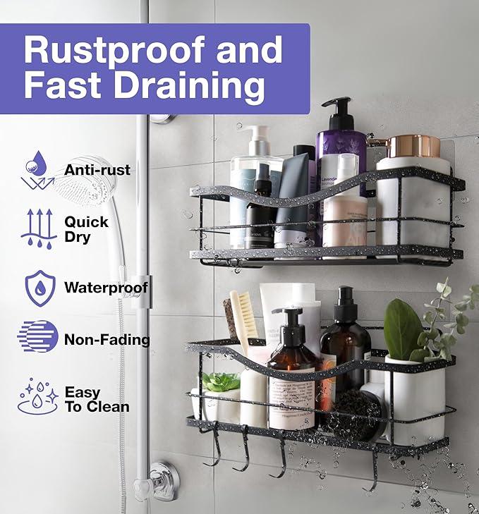 KINCMAX Premium Shower Caddy, Self Adhesive Shower Organizer w/ 4 Hooks, No Drill Shelves for Inside Shower, Rustproof Stainless Steel Shower Rack for Bathroom, Matte Black - ModernBath