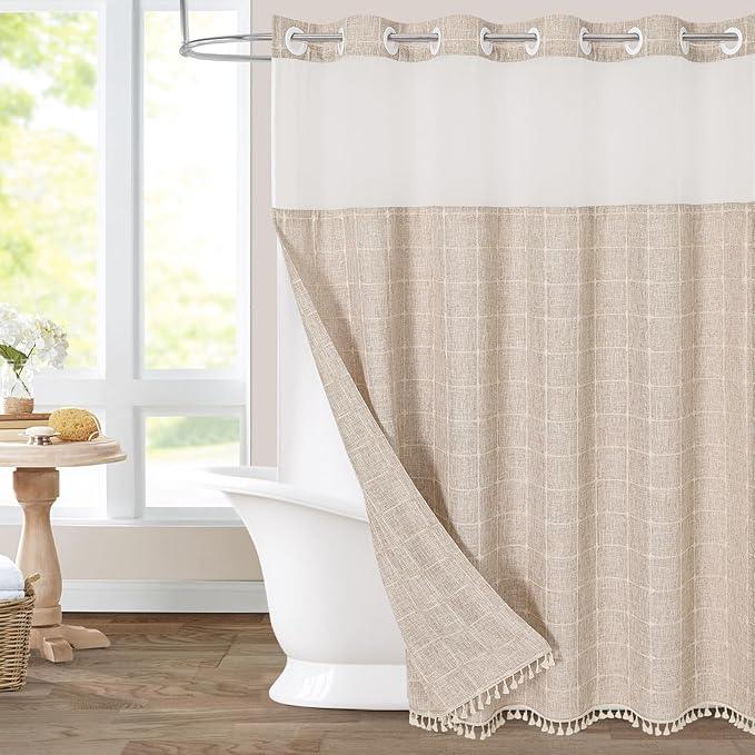 MitoVilla No Hooks Required Farmhouse Shower Curtain with Snap-in Liner - with Window & Magnets, Boho Cotton Linen Fabric Shower Curtains with Tassels for Rustic Bathroom Decor, Tan/Taupe, 72 x 74 - ModernBath