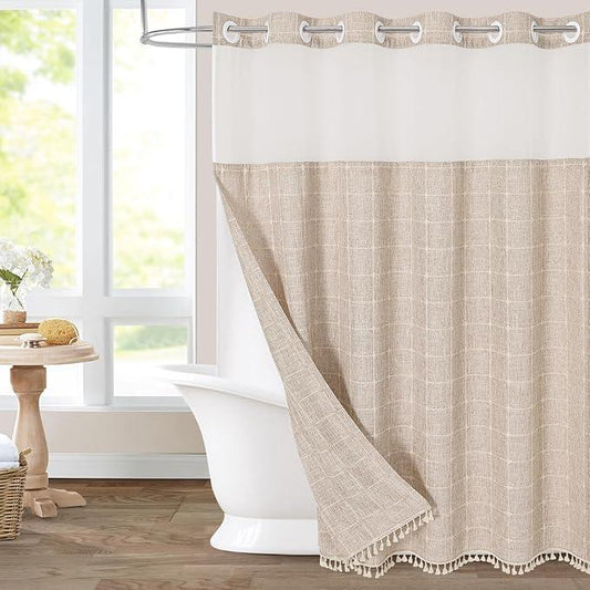 MitoVilla No Hooks Required Farmhouse Shower Curtain with Snap-in Liner - with Window & Magnets, Boho Cotton Linen Fabric Shower Curtains with Tassels for Rustic Bathroom Decor, Tan/Taupe, 72 x 74 - ModernBath