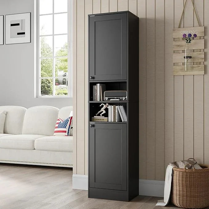 67" Tall Bathroom Cabinet with 2 Doors, Narrow Freestanding Floor Cabinet, Slim Storage Unit with Adjustable Shelves for Bathroom, Living Room, Entryway, Kitchen, Black - ModernBath