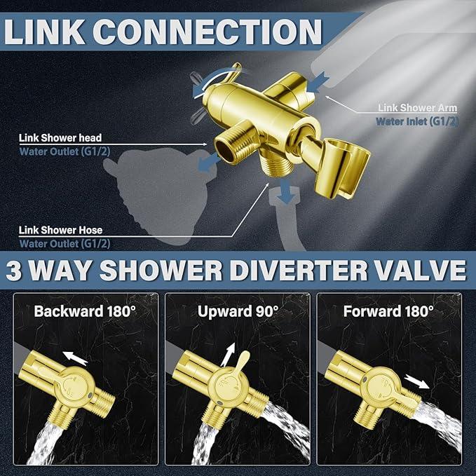 Shower Diverter Valve with Handshower Mount, G1/2 Brass Shower Arm Diverter 3 Way Bathroom Universal Shower System Replacement for Handheld Shower and Fixed Shower Head, Polisded Gold - ModernBath