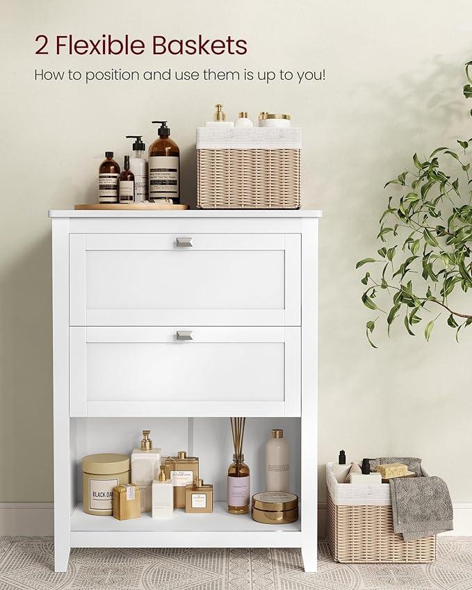 VASAGLE Storage Cabinet, Freestanding Floor Cabinet, 2 Drawers with 1 Set of Adjustable Divider, 2 Baskets, Sideboard, 11.8 x 23.6 x 31.5 Inches, for Bathroom, Living Room, Cloud White UBBC545W02 - ModernBath