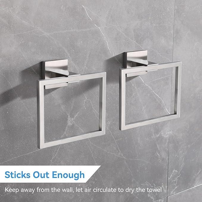 LANC Hand Towel Holder for Bathroom Wall Mount Brushed Nickel Square Hand Towel Rings 2PC Towel Ring for Toilet Bathroom Hardware Accessories Stainless Steel Modern Shower Towel Hanger, A8896BN-P2 - ModernBath