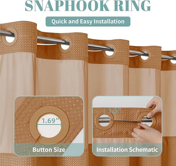 eachope BurntOrange Extra Long No Hook Waffle Weave Shower Curtain with snap-in Liner Replacement, 230GSM Waterproof Fabric Hotel Shower Curtain Set for Bathroom, Through Mesh Top Window,71Wx86H - ModernBath
