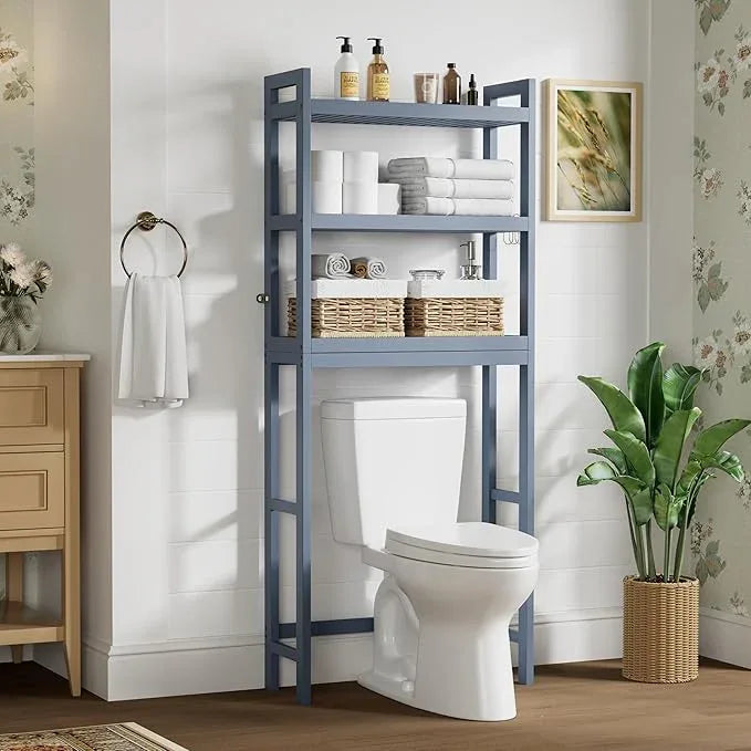 Smiry Over The Toilet Storage Cabinet, 3-Tier Bamboo Bathroom Organizers with Adjustable Shelf & 4 Hooks, Space Saving Shelf Rack for Bathrooms, Laundry Room, Balcony, Grey - ModernBath