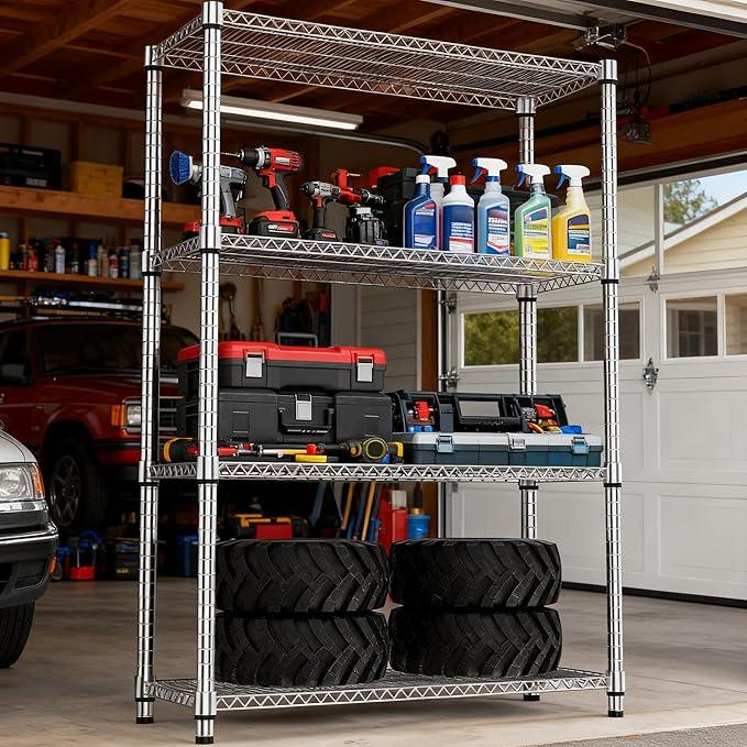 4 Tiers Shelf Metal Storage Shelves 2640 lbs Steel Storage Shelving Utility Shelving Unit Steel Organizer Wire Rack for Home,Kitchen,Office,Garage Chrome 17.7" D x 47.2" W x 70.3" H - ModernBath