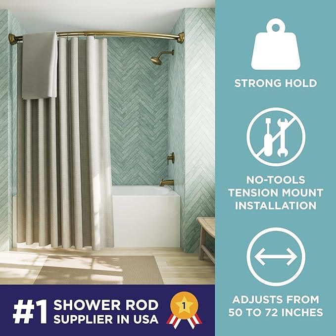 Zenna Home Rustproof Double Curved Shower Curtain Rod, No Drill Tension Mount, 50 to 72 Inches Adjustable Tension Shower Rod for Bathroom, Curves Out for Extra Room, Gold - ModernBath