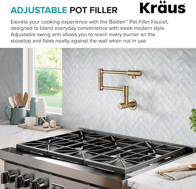 KRAUS Bolden Pot Filler Faucet with Retractable Arm, Wall Mount Kitchen Faucet, Pot Filler for Stove in Spot-Free Brushed Brass, KPF-5003SFBB - ModernBath