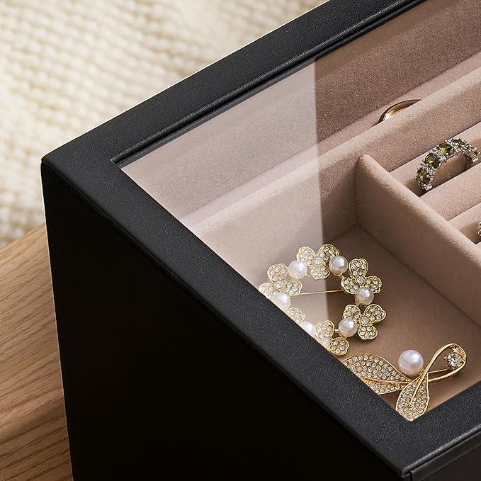 pickpiff Jewelry Box Organizer Case for Women: 4-Layer Jewelry Storage Case with Glass Window, Black Leather with Blush Velvet, Holder for Ring Necklace Bracelet Brooch Watch, Great Gift for Her - ModernBath